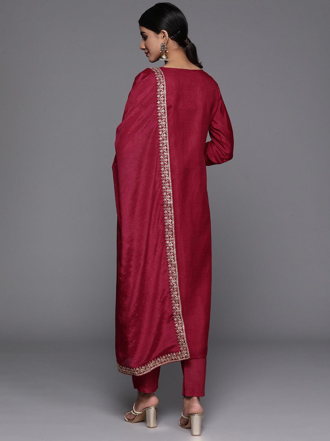 Pink Printed Silk Blend Straight Kurta With Trousers & Dupatta - Libas