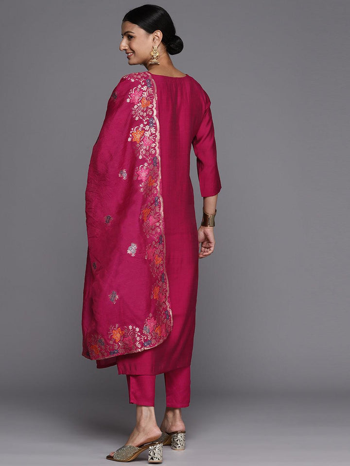 Pink Printed Silk Blend Straight Kurta With Trousers & Dupatta - Libas