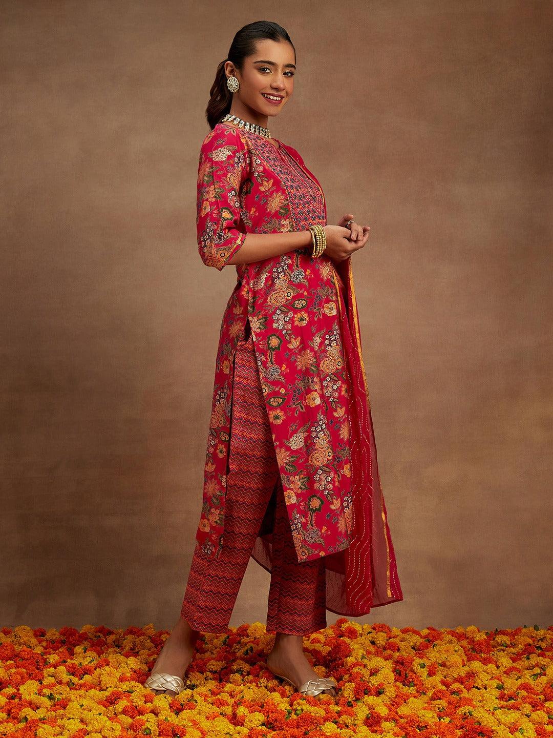 Pink Printed Silk Blend Straight Kurta With Trousers & Dupatta - Libas