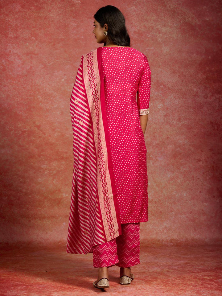 Pink Printed Silk Blend Straight Kurta With Trousers & Dupatta - Libas