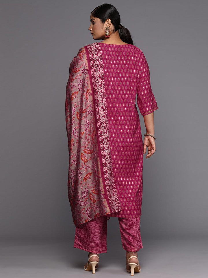 Pink Printed Silk Blend Straight Kurta With Trousers & Dupatta - Libas