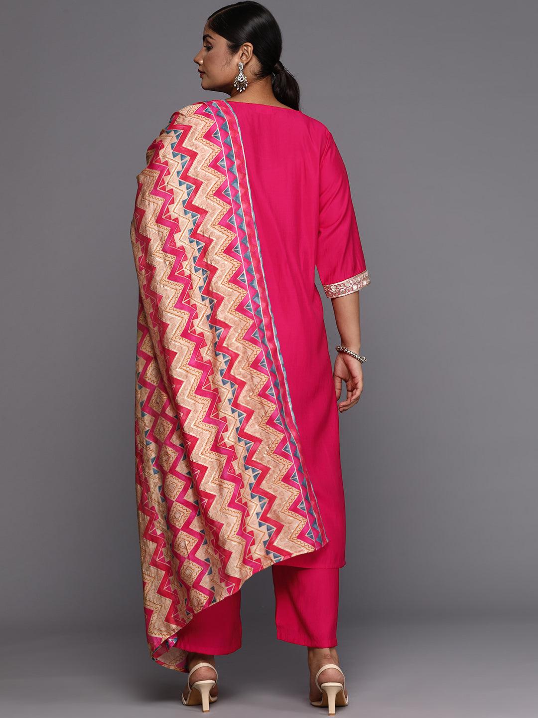 Pink Printed Silk Blend Straight Kurta With Trousers & Dupatta - Libas 