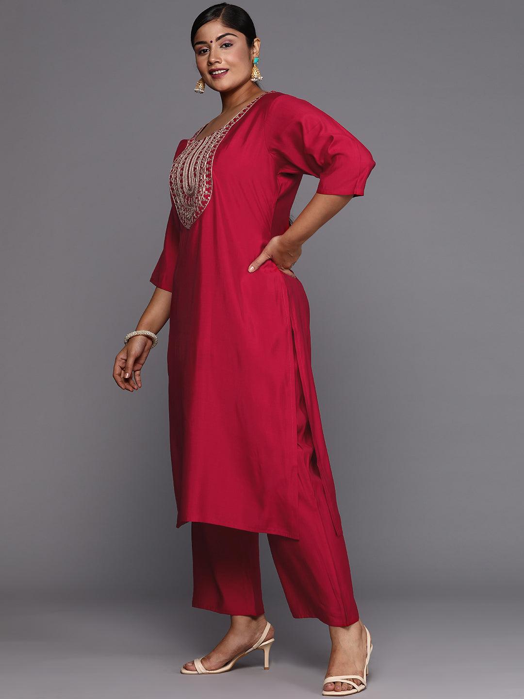 Pink Printed Silk Blend Straight Kurta With Trousers & Dupatta - Libas 