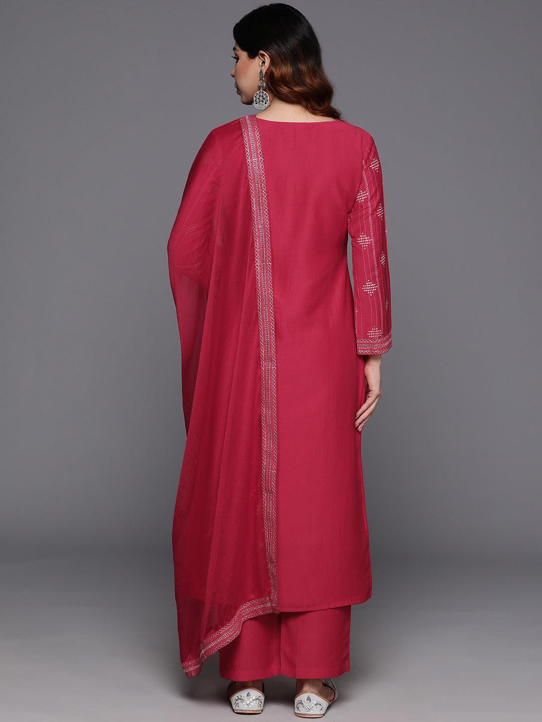 Pink Printed Silk Blend Straight Kurta With Trousers & Dupatta - Libas