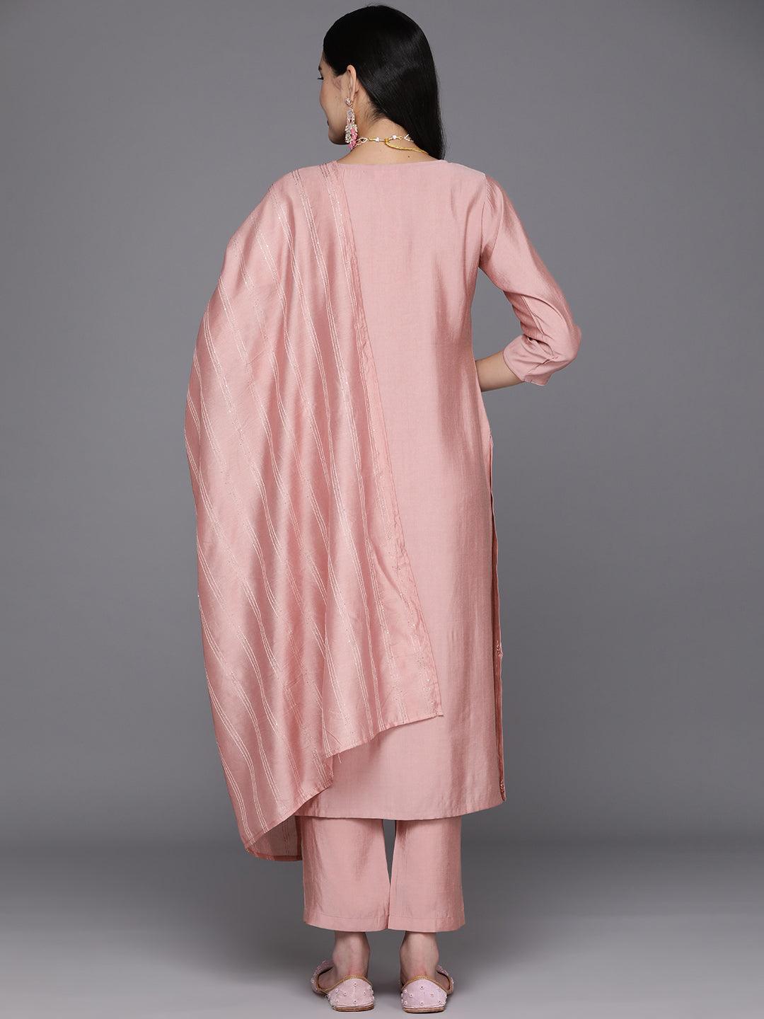 Pink Printed Silk Blend Straight Kurta With Trousers & Dupatta - Libas