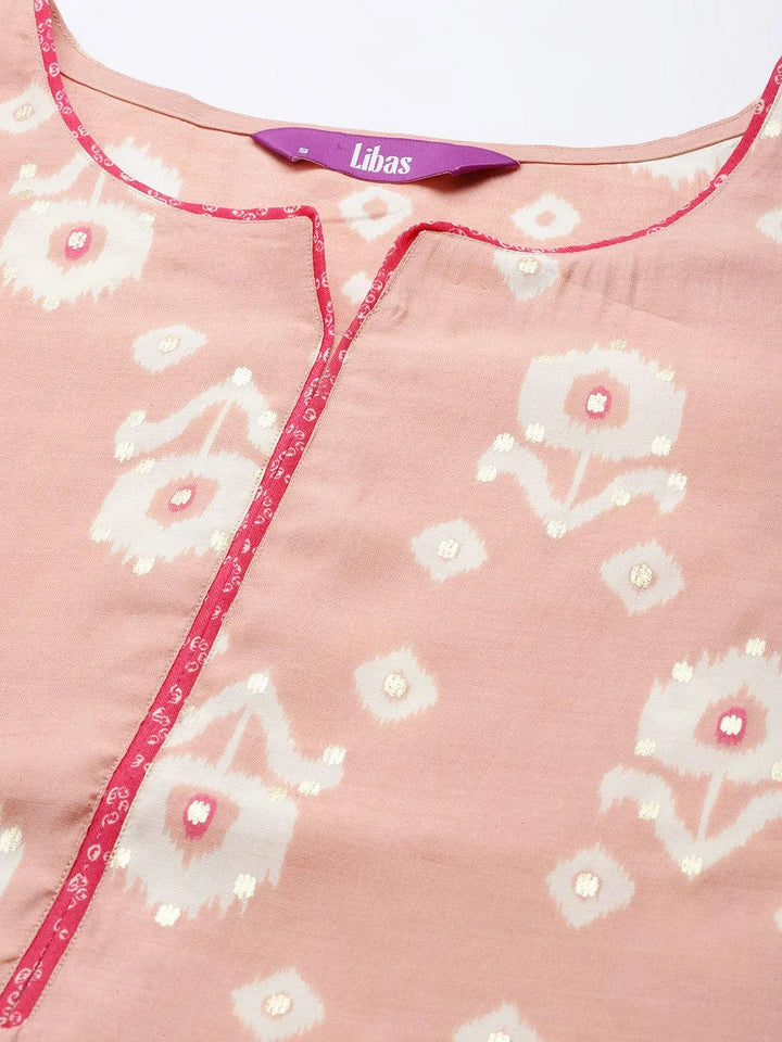 Pink Printed Silk Blend Straight Suit Set With Trousers - Libas