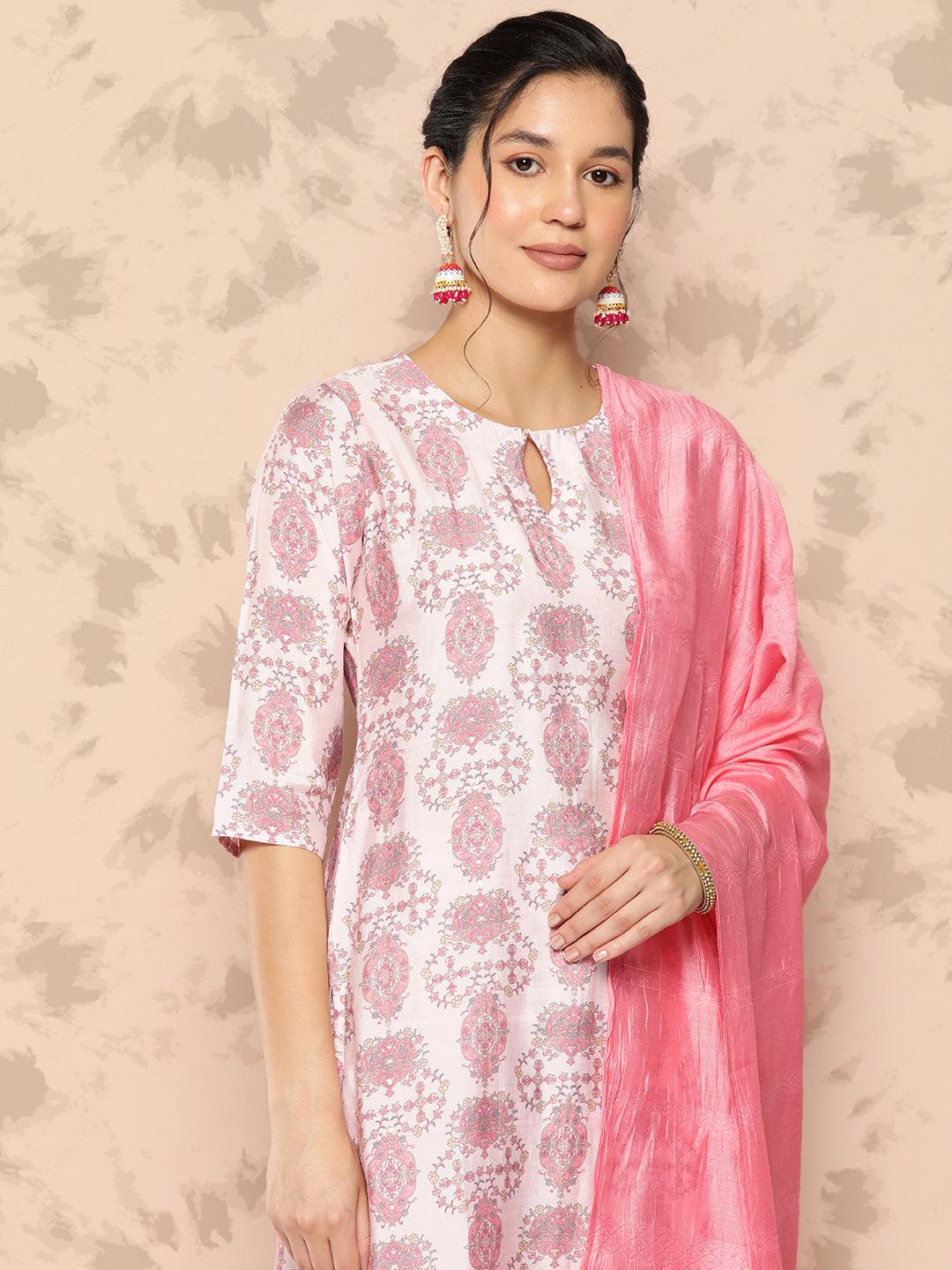 Pink Printed Silk Blend Straight Kurta With Trousers and Dupatta - Libas