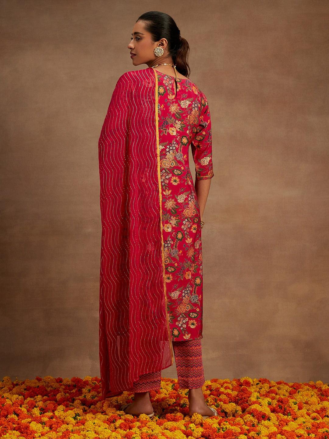 Pink Printed Silk Blend Straight Kurta With Trousers & Dupatta - Libas 