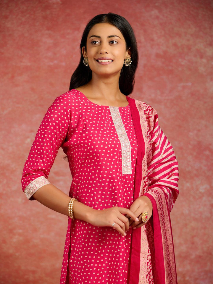 Pink Printed Silk Blend Straight Kurta With Trousers & Dupatta - Libas