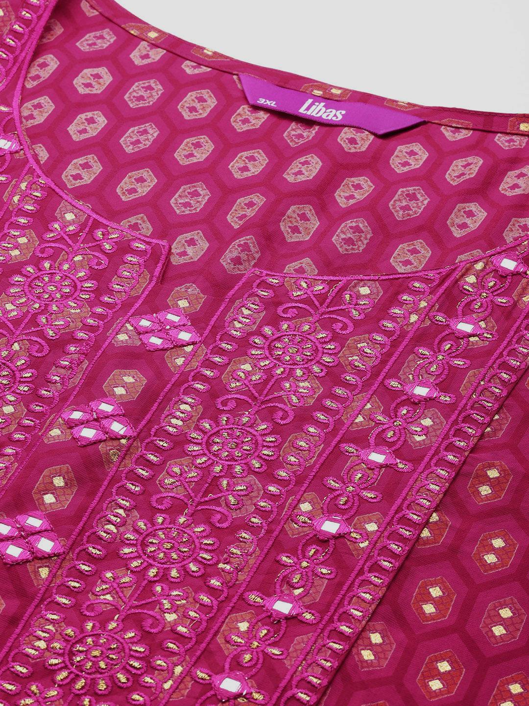 Pink Printed Silk Blend Straight Kurta With Trousers & Dupatta - Libas