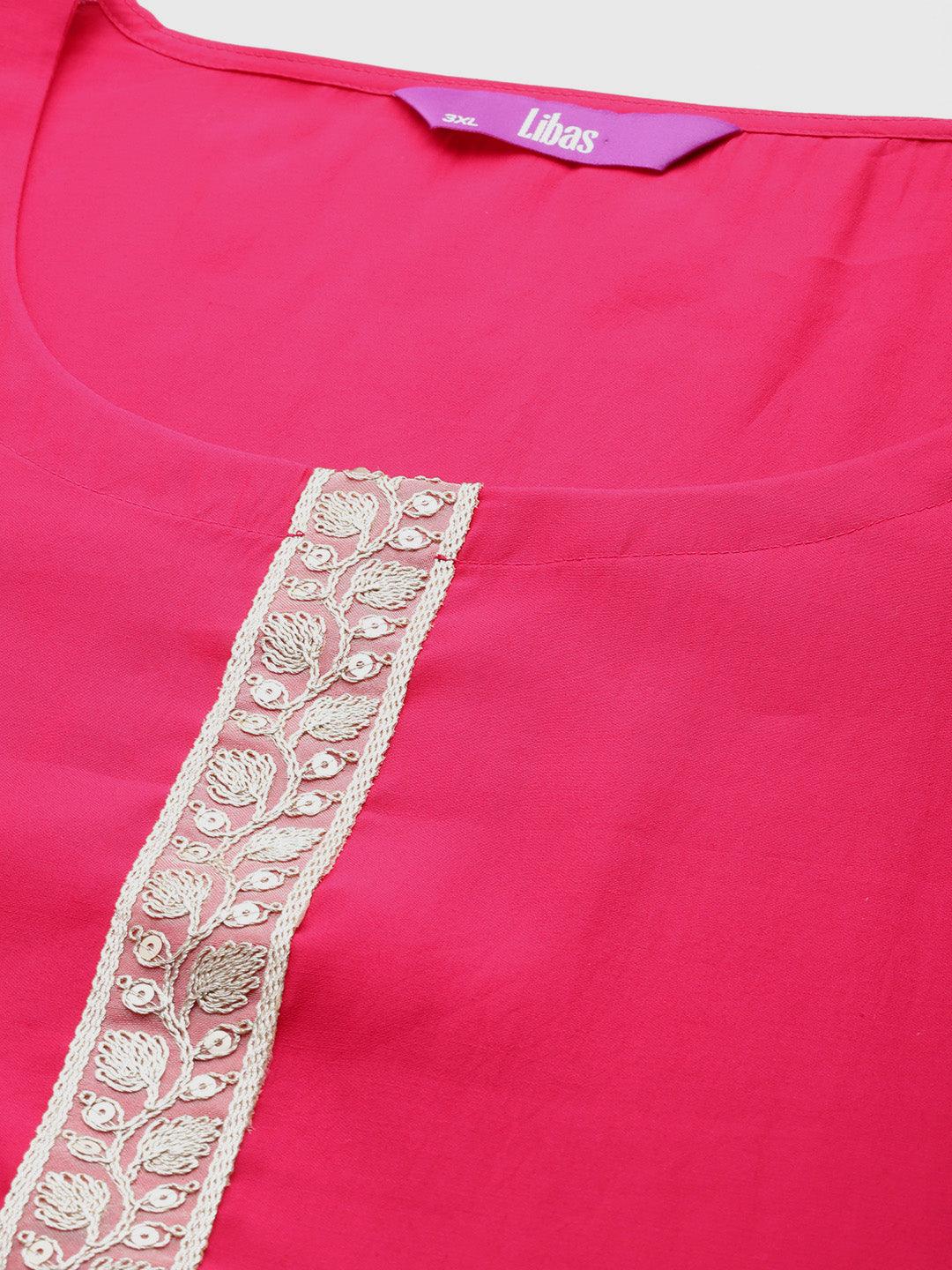 Pink Printed Silk Blend Straight Kurta With Trousers & Dupatta - Libas 