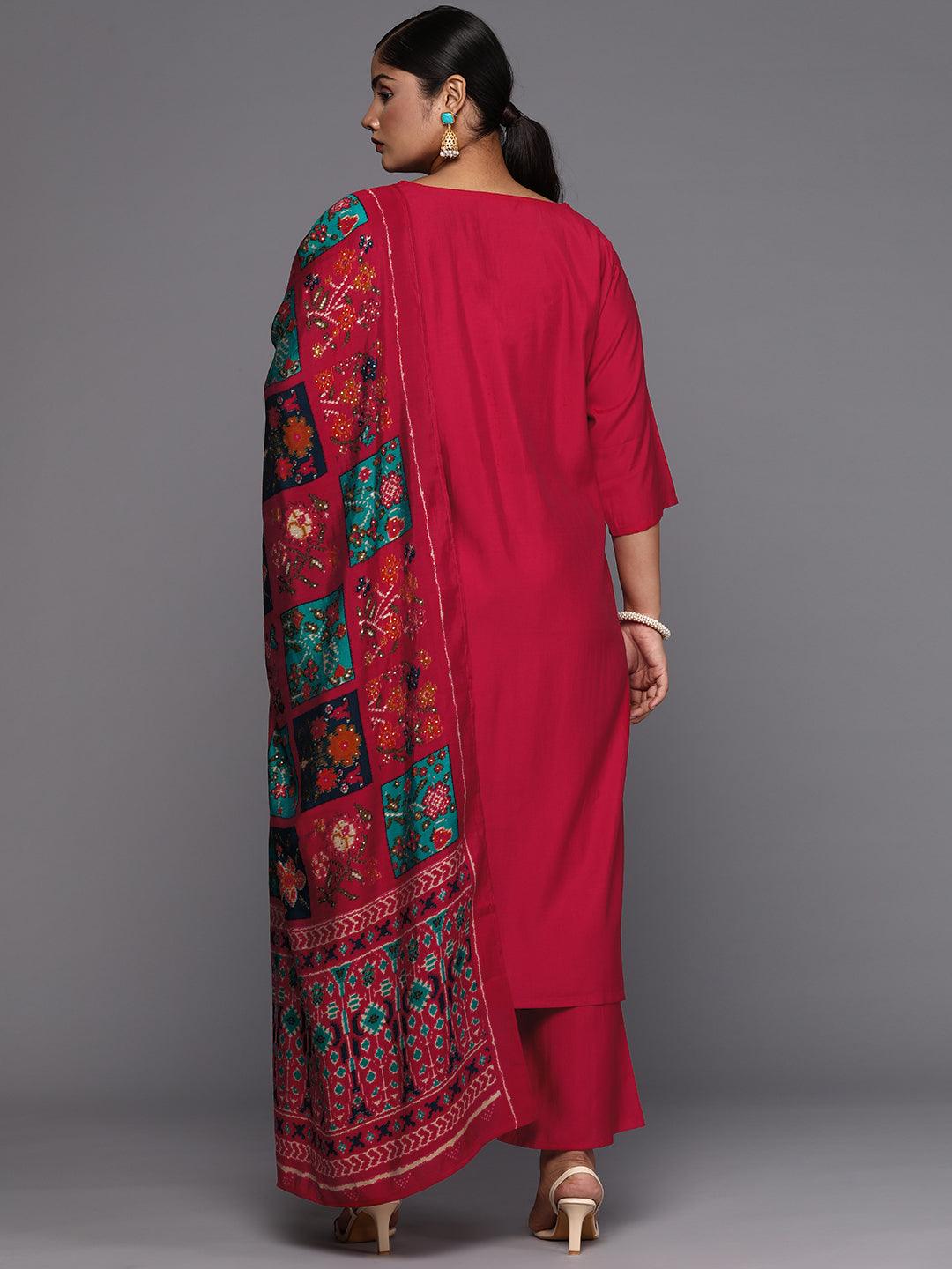 Pink Printed Silk Blend Straight Kurta With Trousers & Dupatta - Libas 