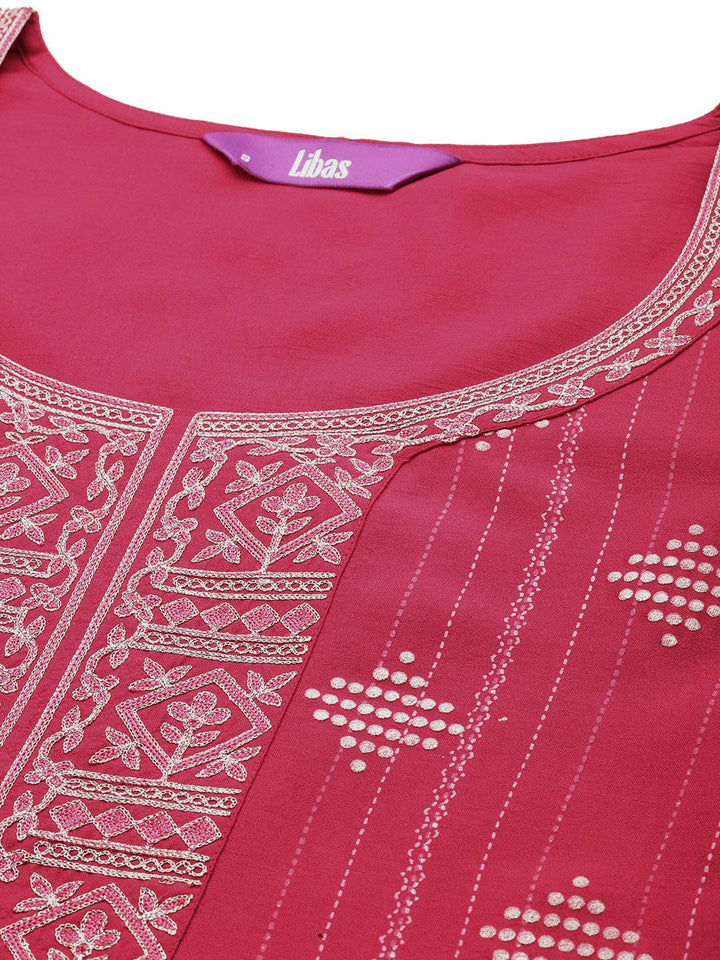 Pink Printed Silk Blend Straight Kurta With Trousers & Dupatta - Libas