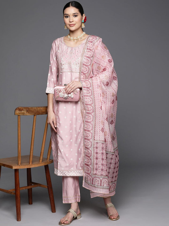 Pink Printed Silk Blend Straight Kurta With Trousers & Dupatta - Libas