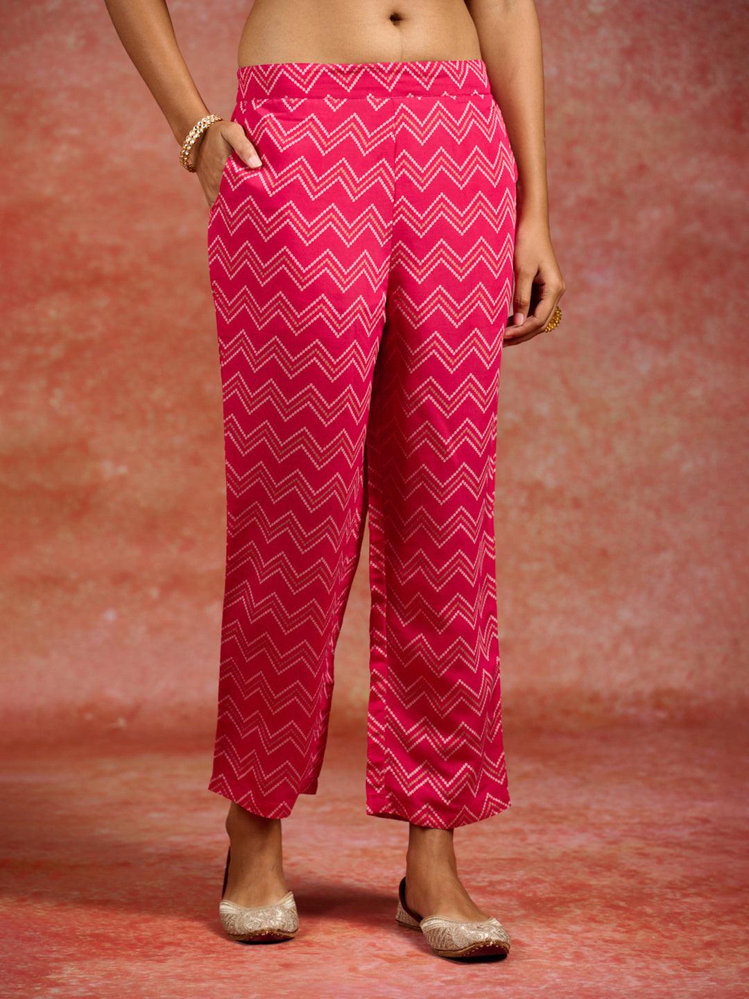 Pink Printed Silk Blend Straight Kurta With Trousers & Dupatta - Libas