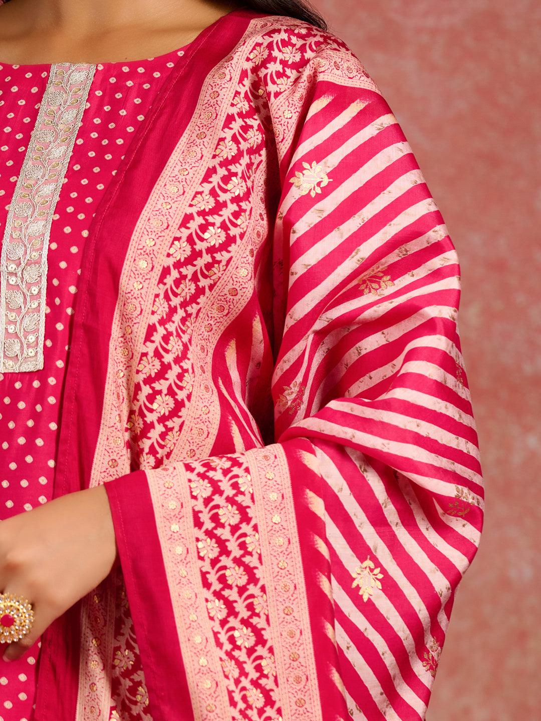 Pink Printed Silk Blend Straight Kurta With Trousers & Dupatta - Libas