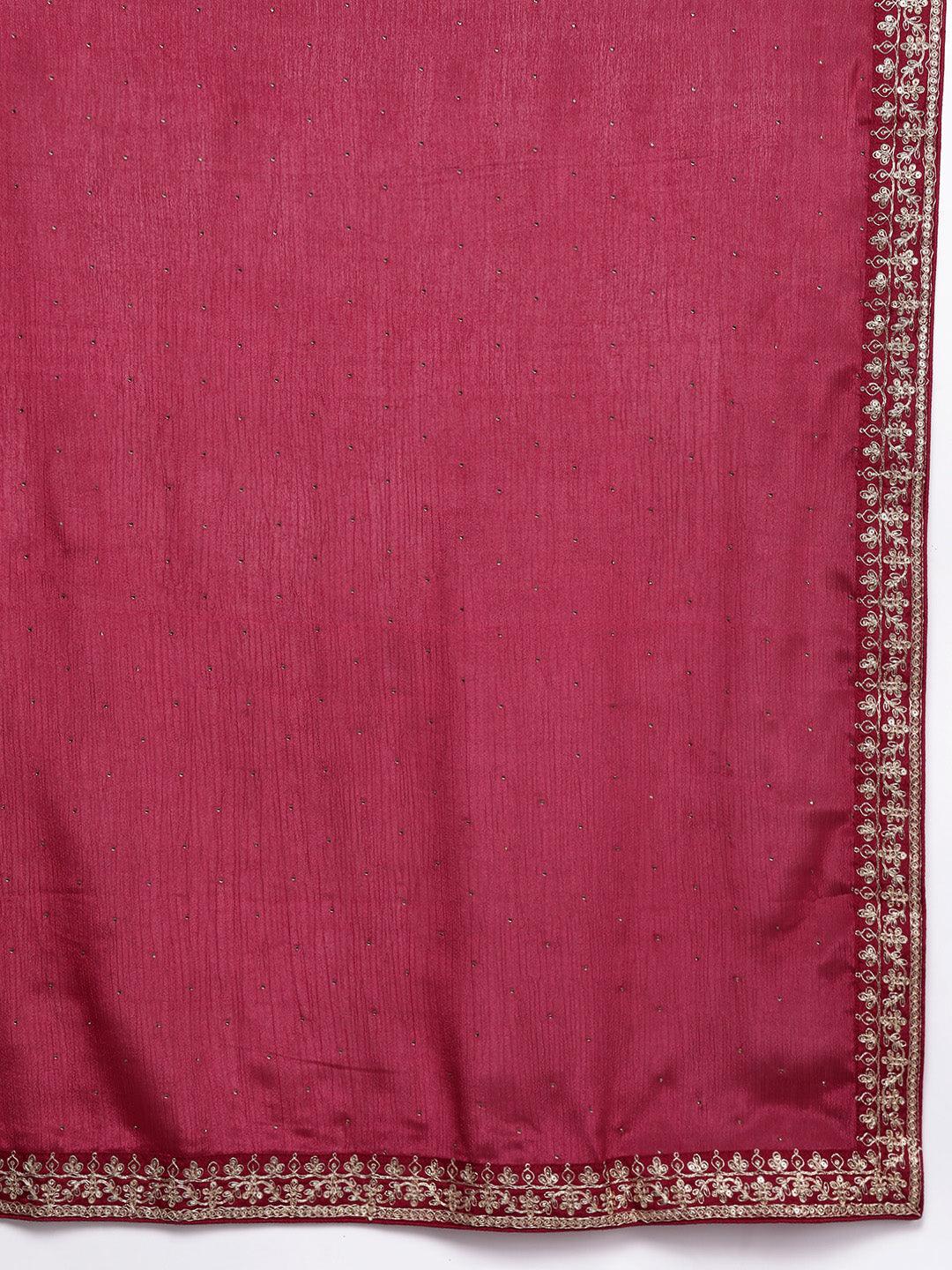 Pink Printed Silk Blend Straight Kurta With Trousers & Dupatta - Libas