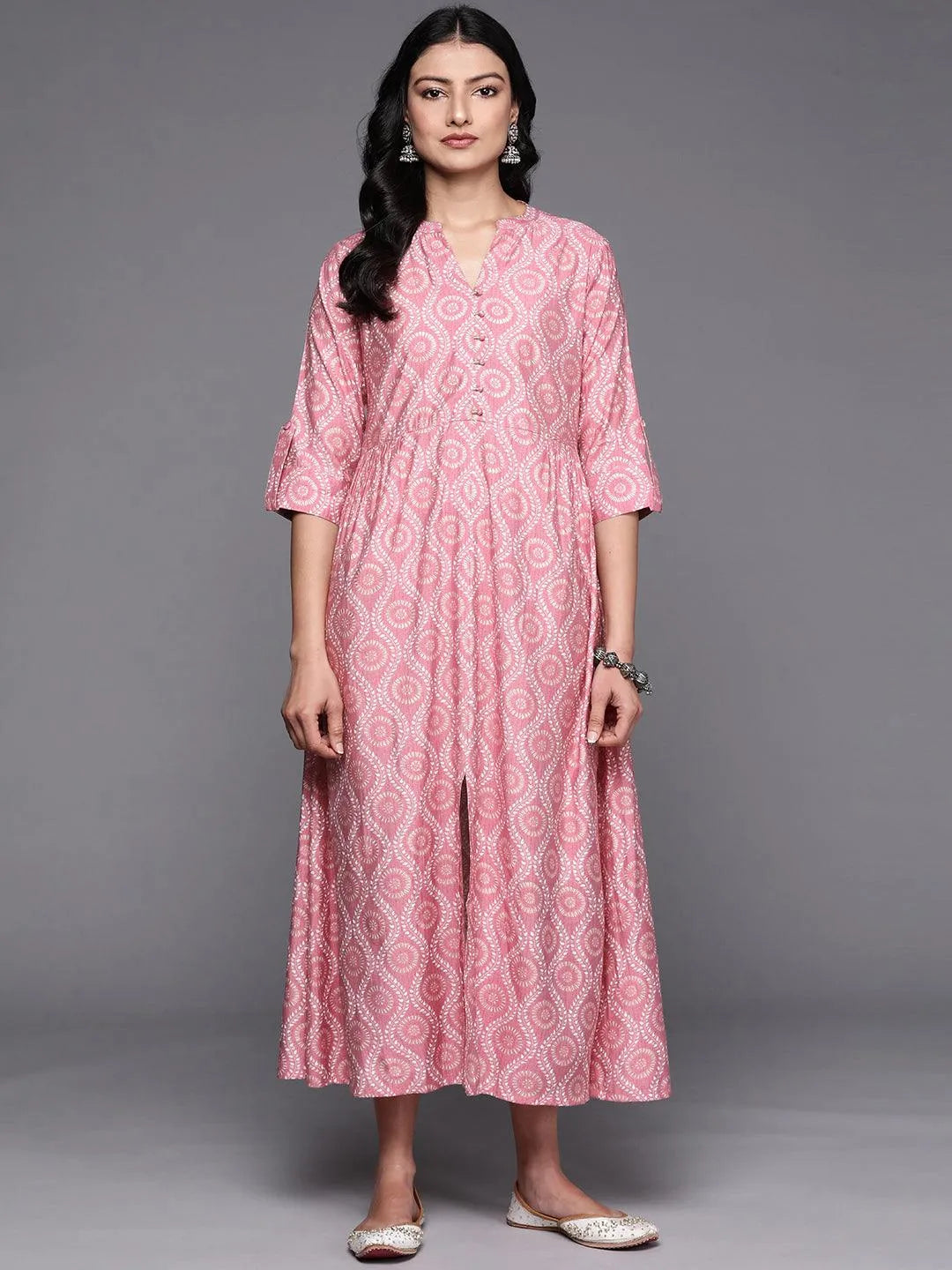 Pink Printed Silk Fit and Flare Dress - Libas 