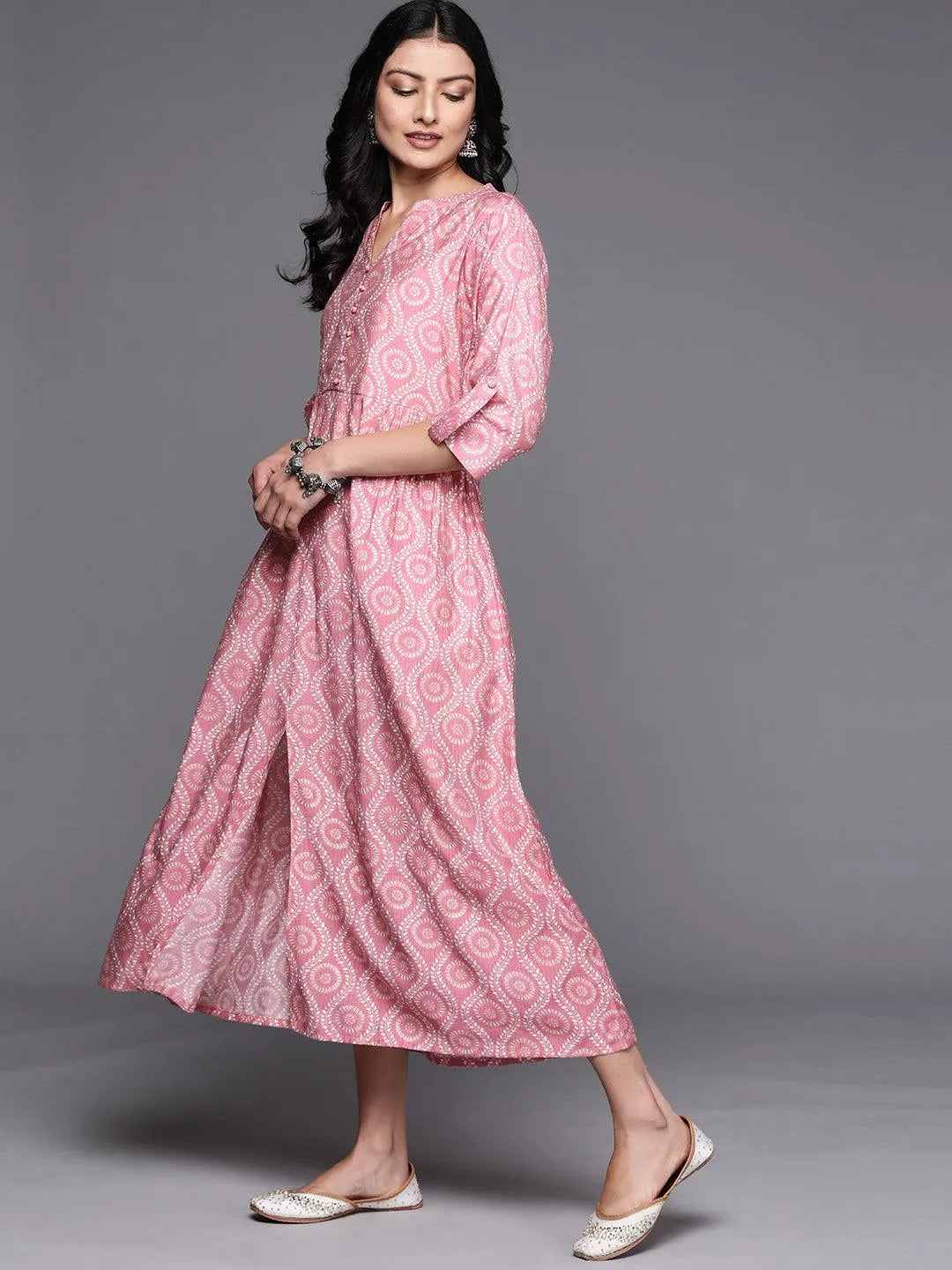 Pink Printed Silk Fit and Flare Dress - Libas 