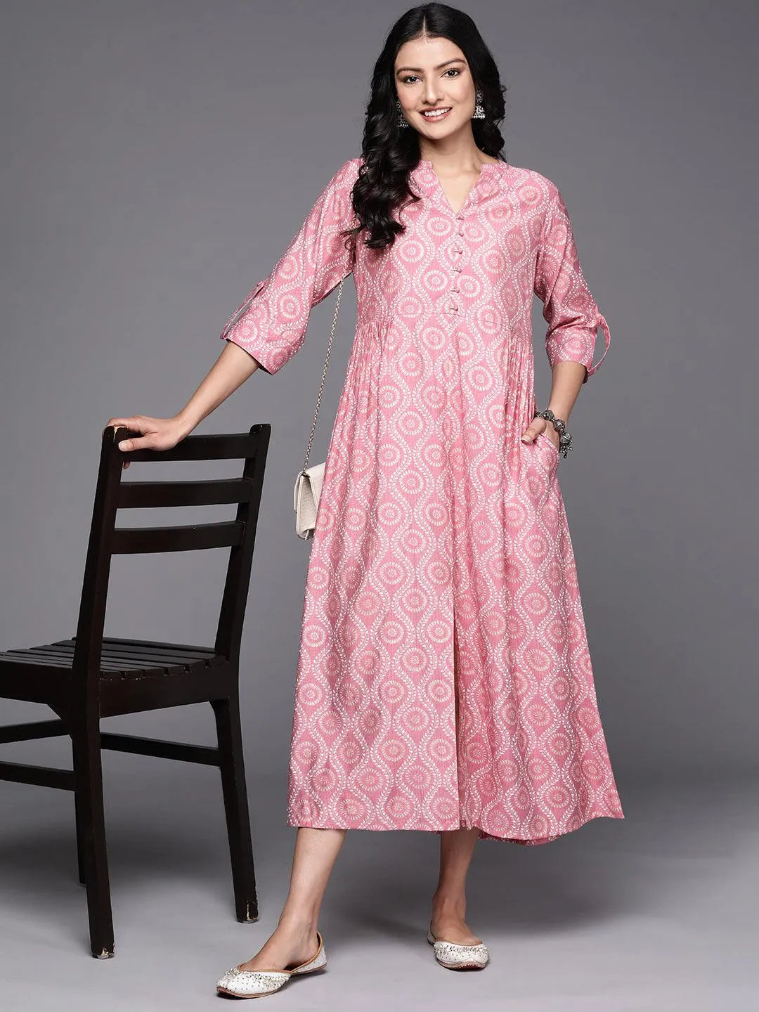 Pink Printed Silk Fit and Flare Dress - Libas 