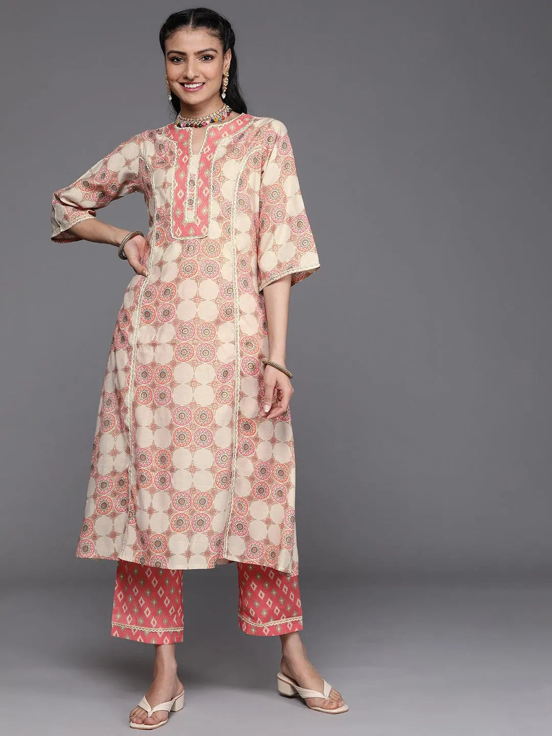 Pink Printed Silk Kurta - Libas 