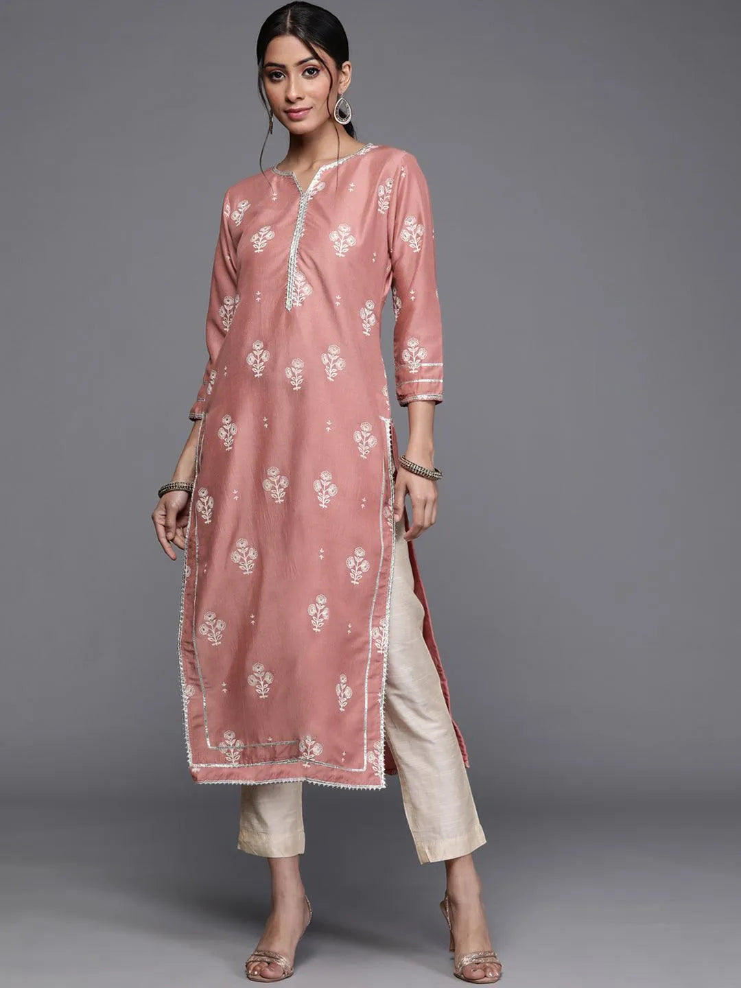 Pink Printed Silk Kurta - Libas