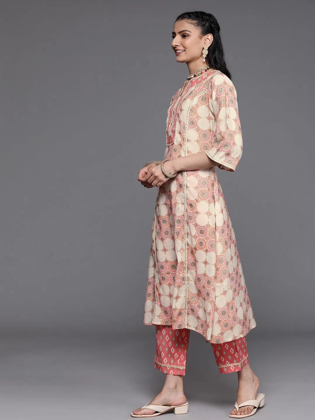 Pink Printed Silk Kurta - Libas 