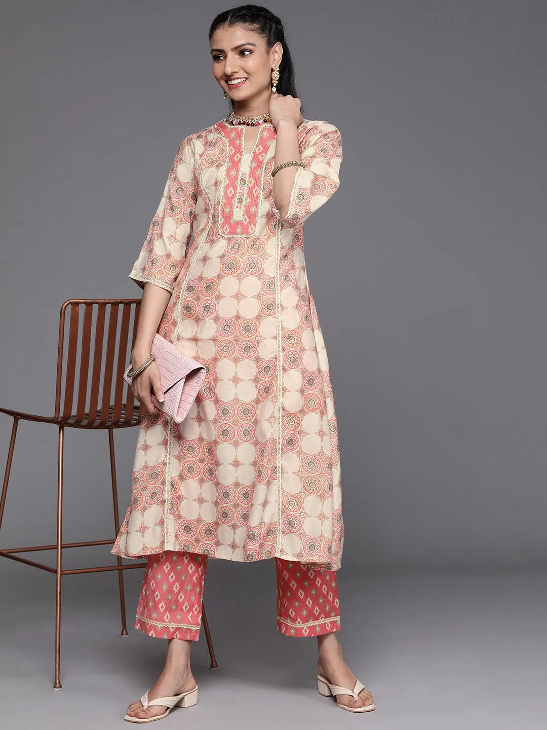 Pink Printed Silk Kurta - Libas 