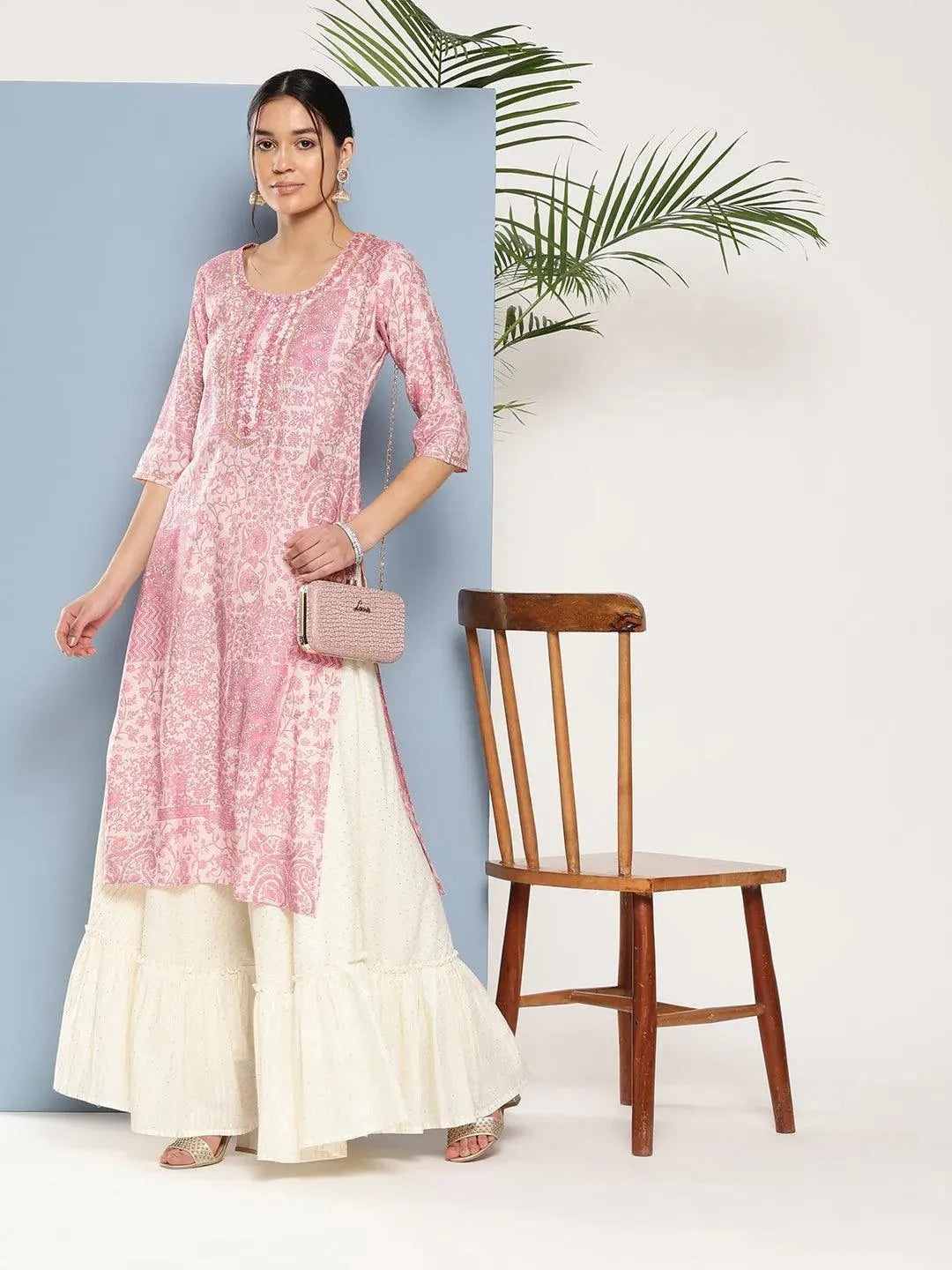 

Pink Printed Silk Straight Kurta