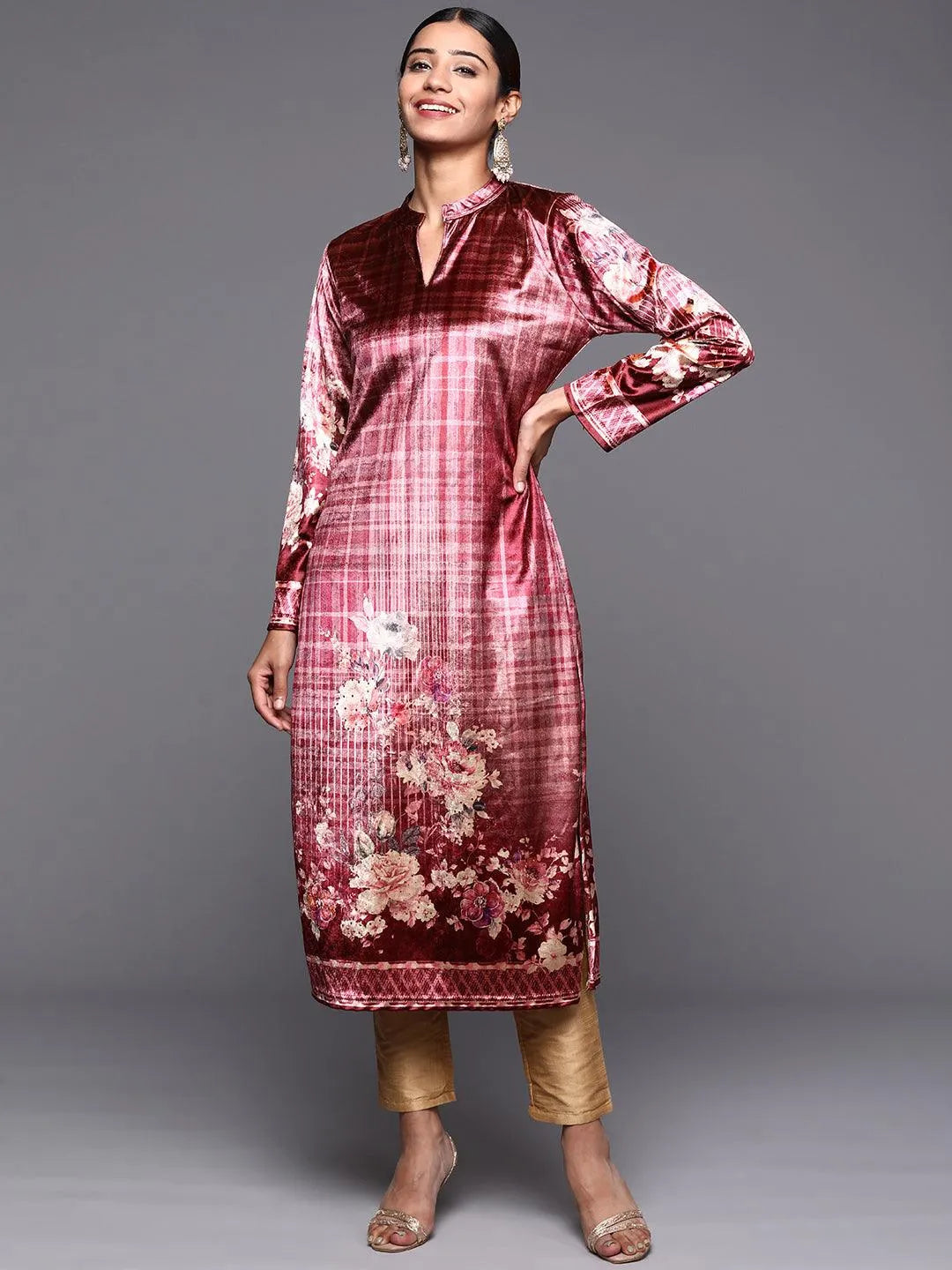 Pink Printed Velvet Straight Kurta - Libas