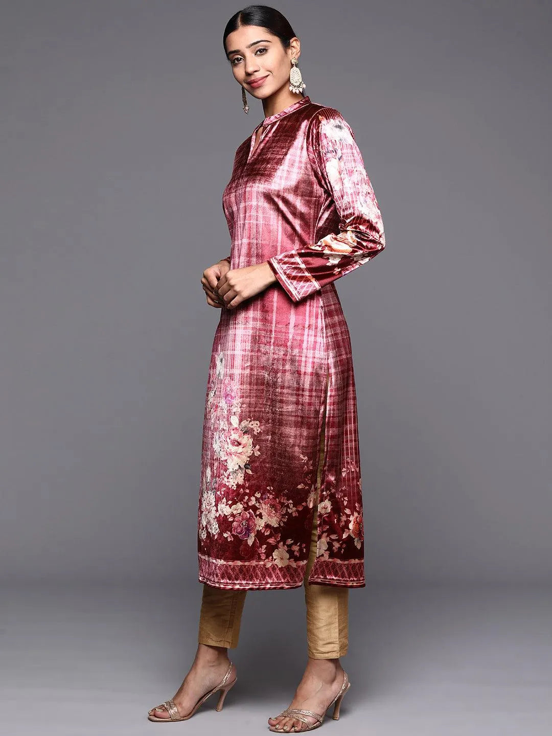 Pink Printed Velvet Straight Kurta - Libas 