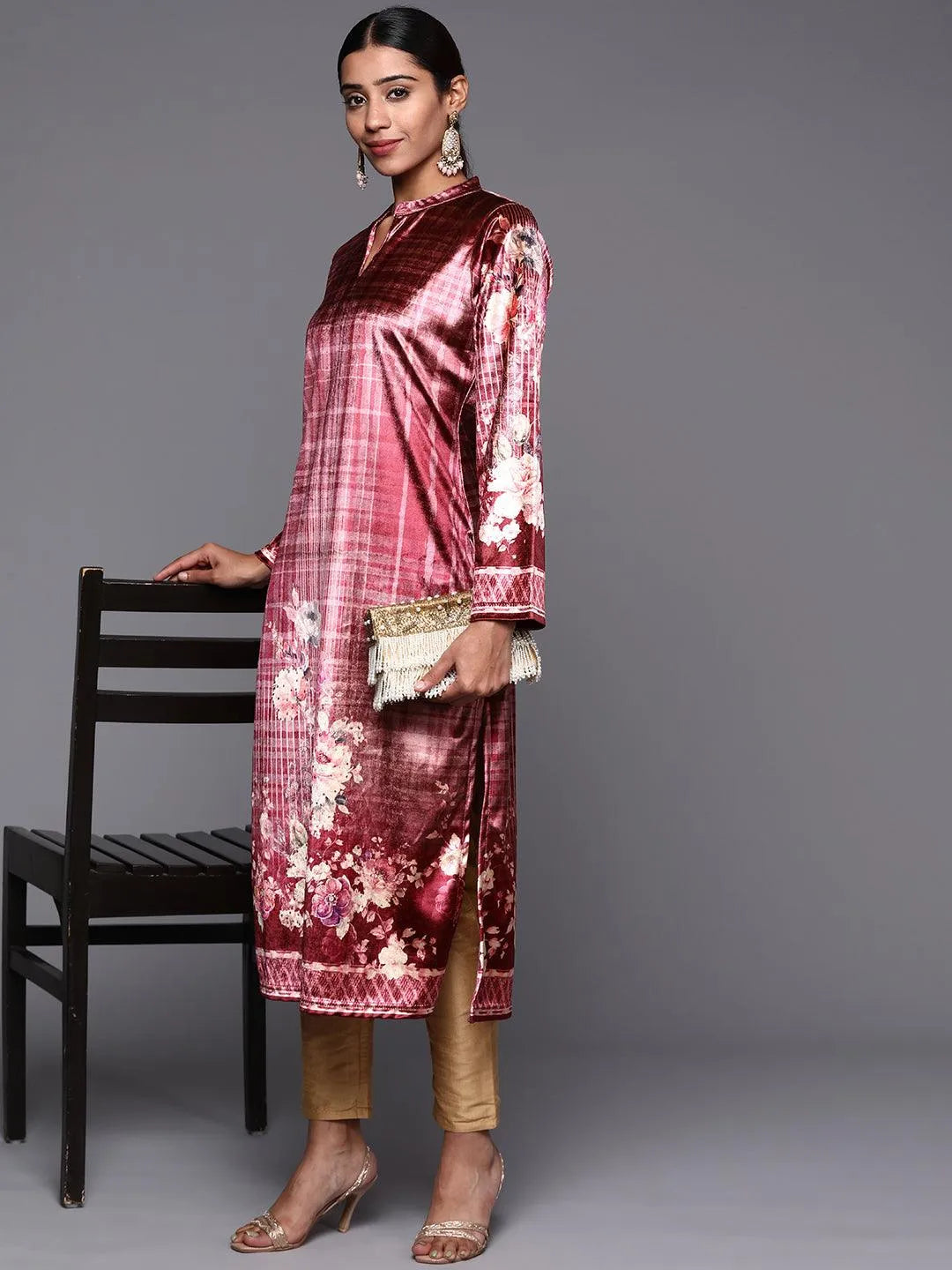 Pink Printed Velvet Straight Kurta - Libas 