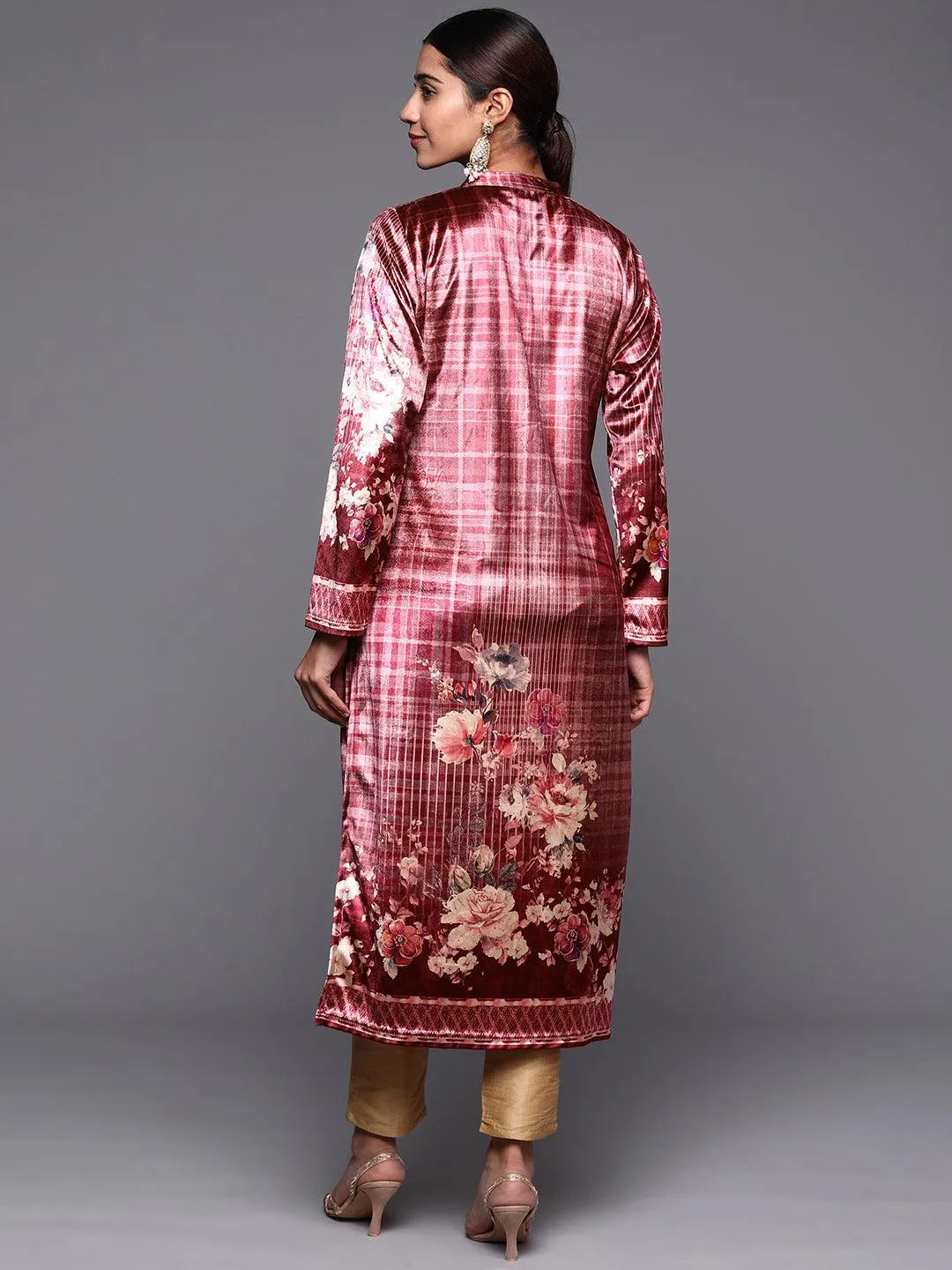 Pink Printed Velvet Straight Kurta - Libas