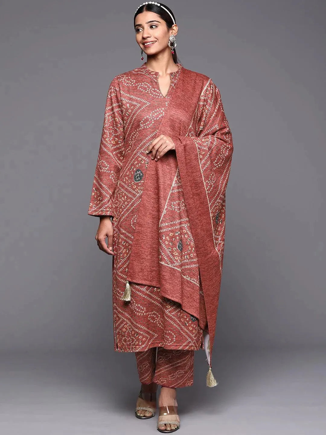 

Pink Printed Wool Straight Kurta With Trousers & Dupatta