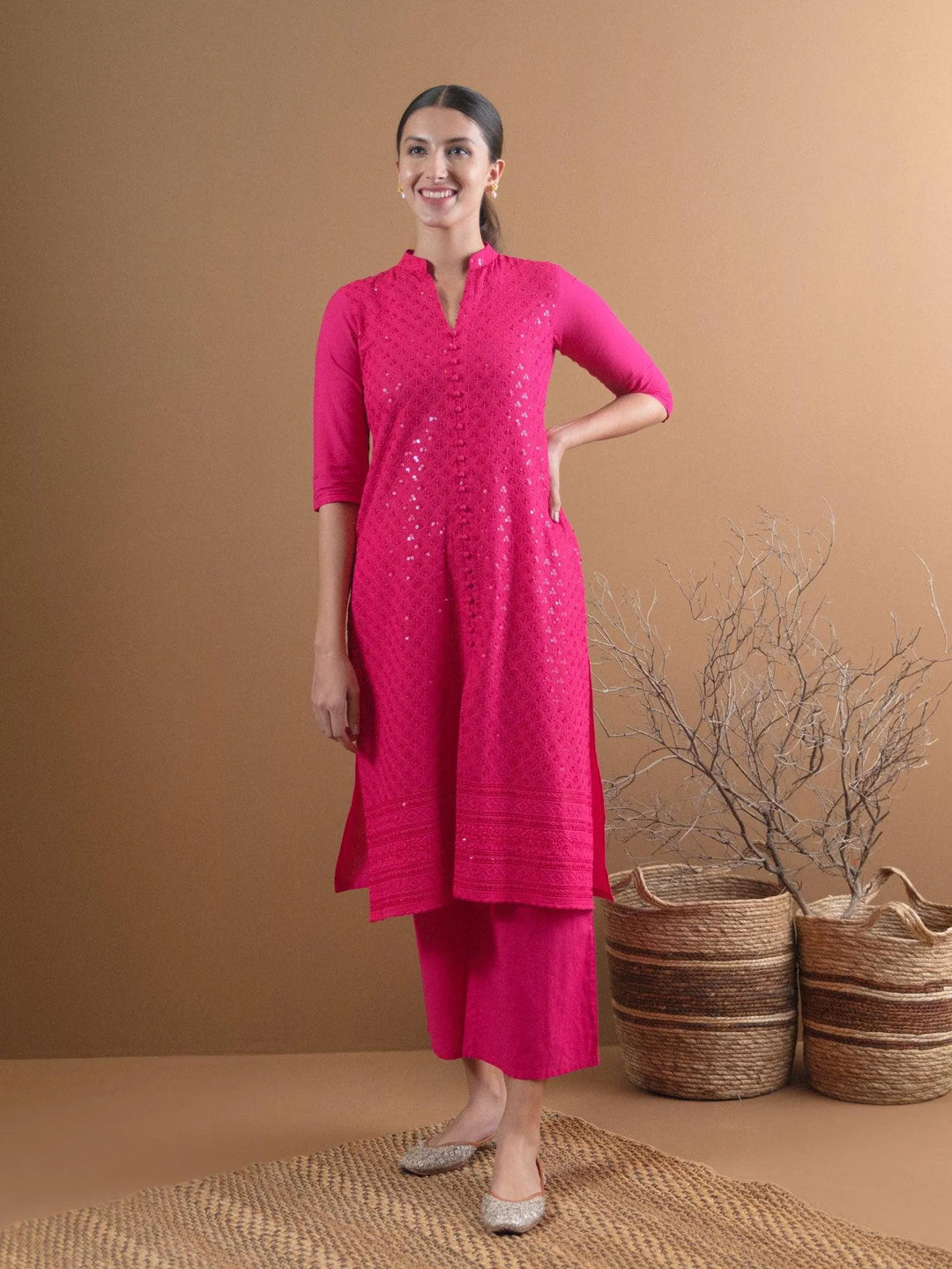 Pink Schiffli Cotton Kurta Set - Libas