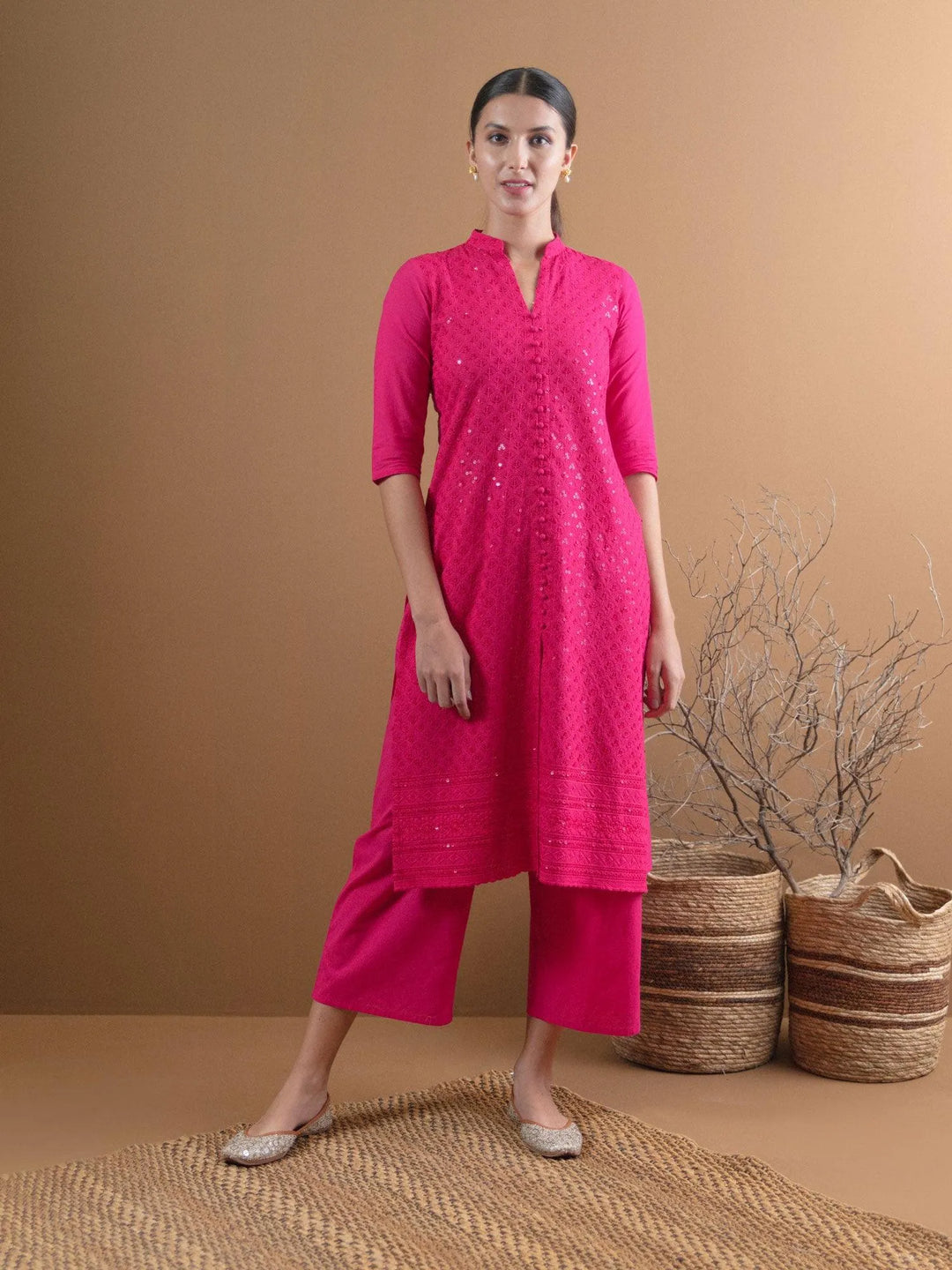 Pink Schiffli Cotton Kurta Set - Libas