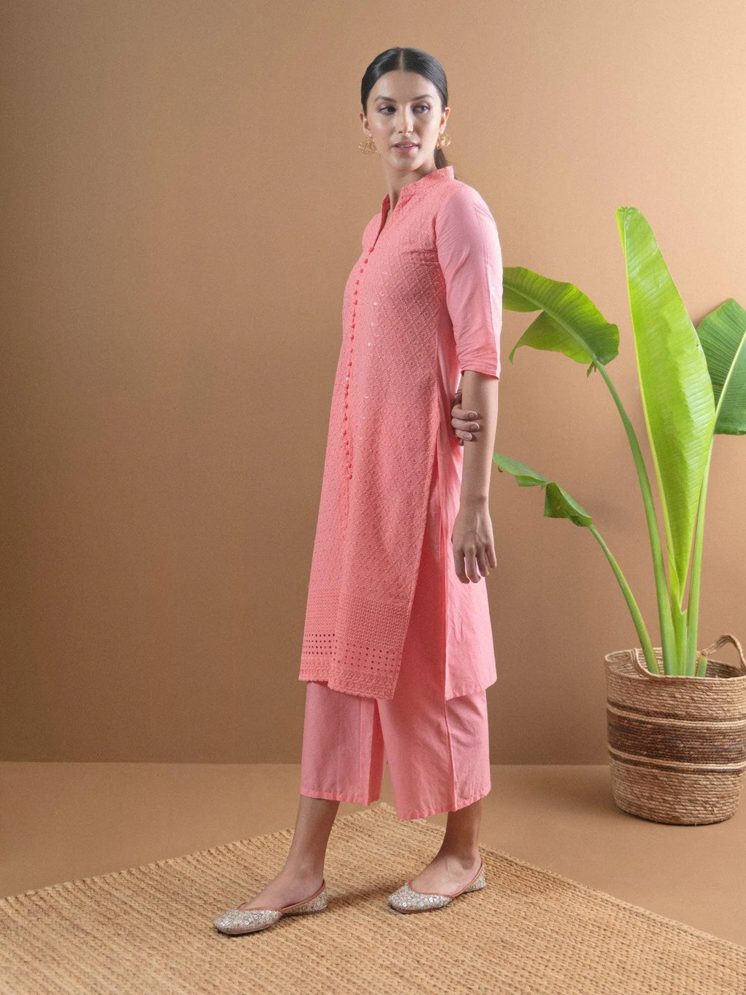 Pink Schiffli Cotton Kurta Set - Libas