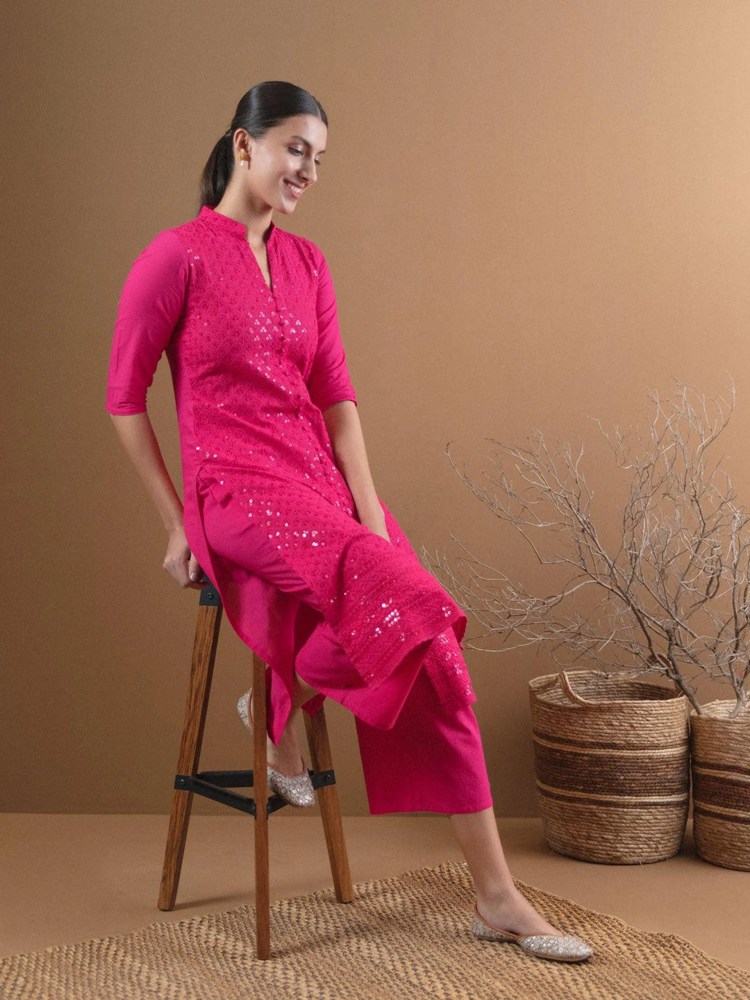 Pink Schiffli Cotton Kurta Set - Libas