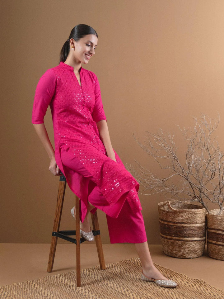 Pink Schiffli Cotton Kurta Set - Libas