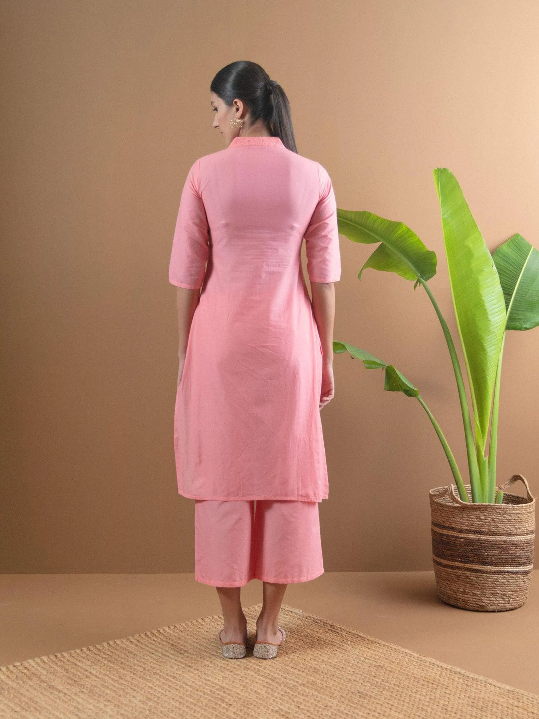 Pink Schiffli Cotton Kurta Set - Libas