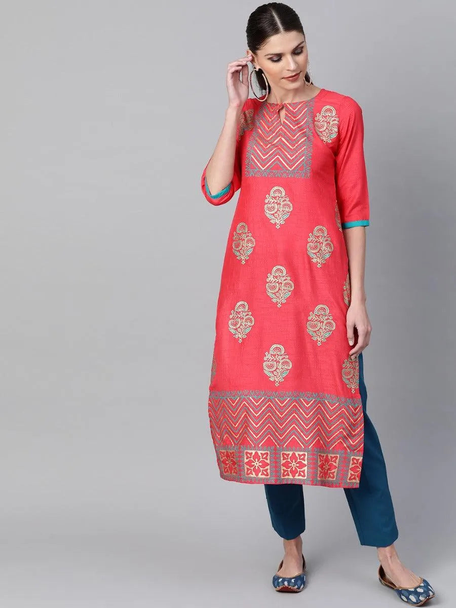 Pink Self Design Chanderi Kurta - Libas