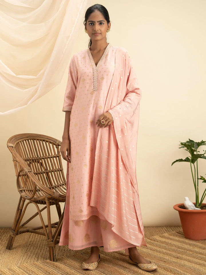 Pink Self Design Chanderi Silk Suit Set - Libas