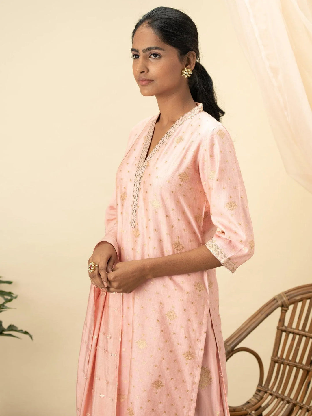 Pink Self Design Chanderi Silk Suit Set - Libas