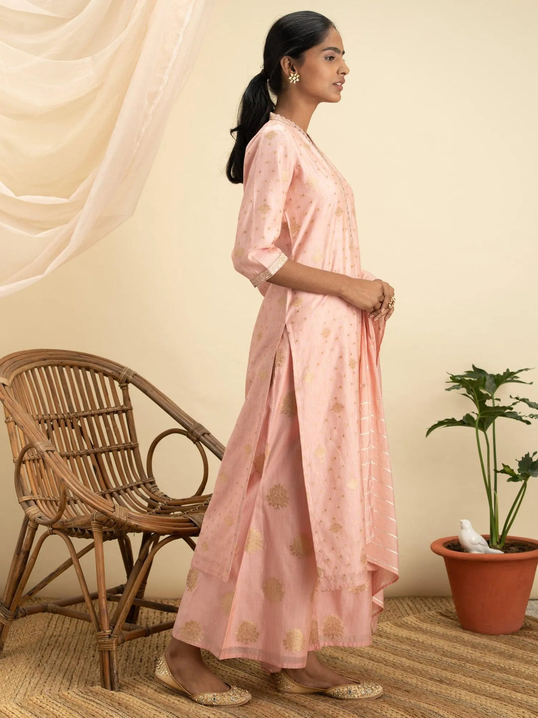 Pink Self Design Chanderi Silk Suit Set - Libas