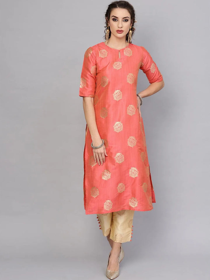 Pink Self Design Chanderi Kurta Set - Libas