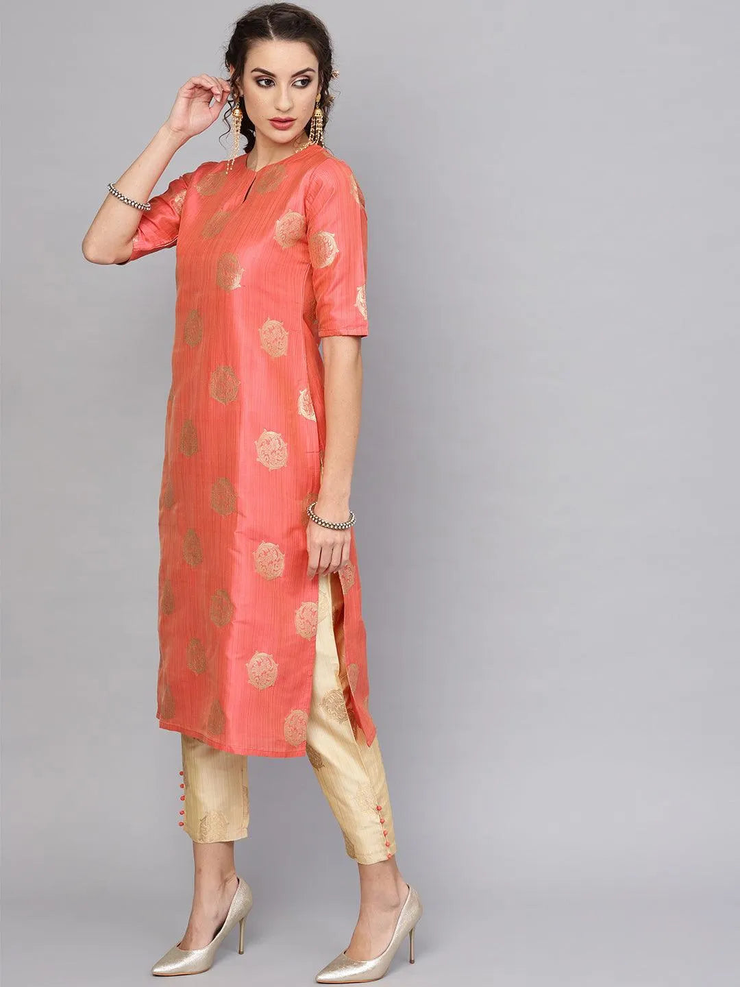 Pink Self Design Chanderi Kurta Set - Libas