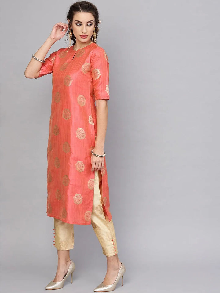 Pink Self Design Chanderi Kurta Set - Libas