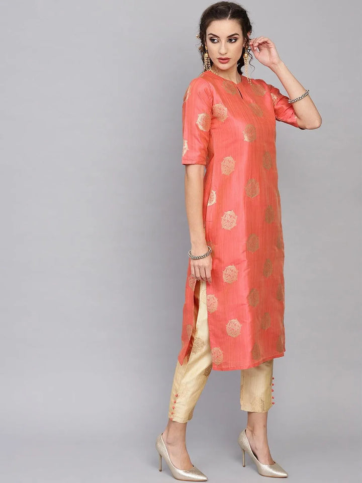 Pink Self Design Chanderi Kurta Set - Libas