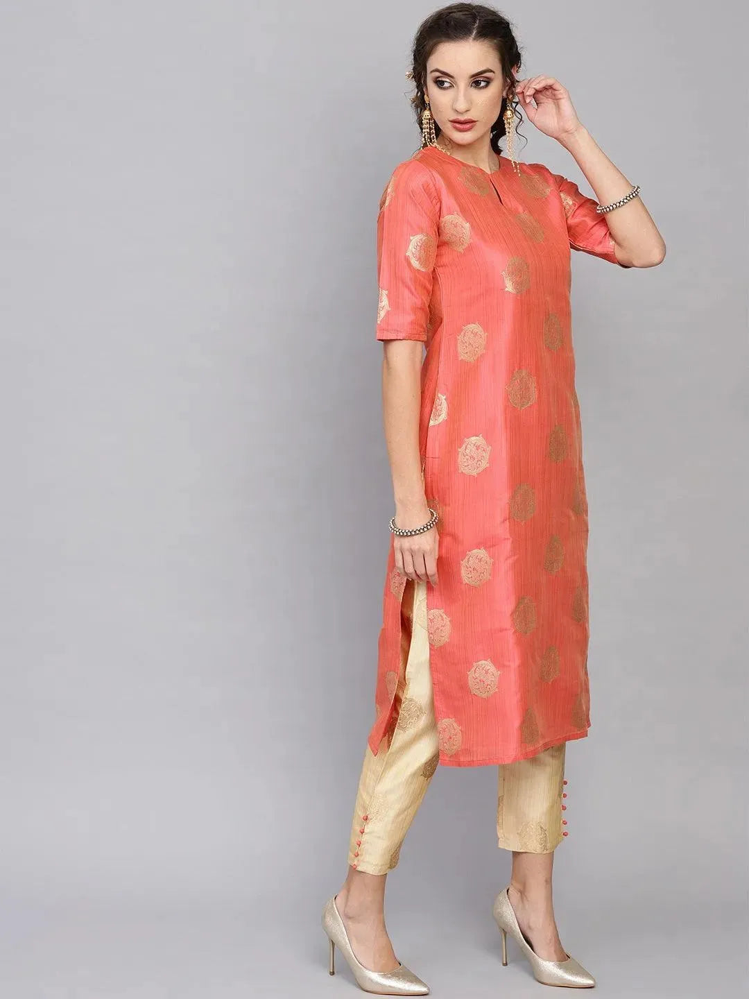 

Pink Self Design Chanderi Silk Straight Kurta With Trousers