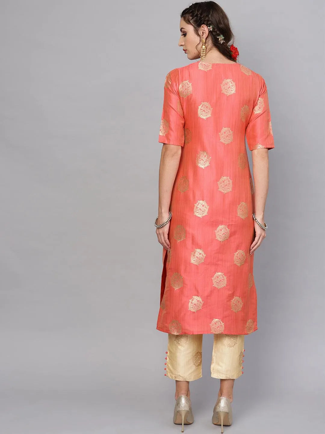 Pink Self Design Chanderi Kurta Set - Libas